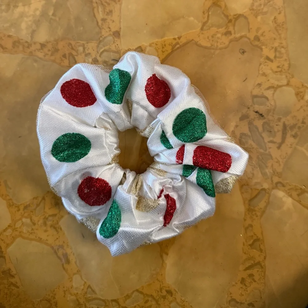 Festive Polka Dot Satin Scrunchie for Kids - White with Red & Green Dots